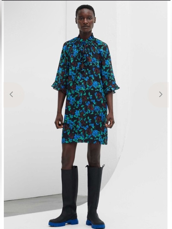 Ganni Dresses & Skirts - Ganni Printed Light Crepe Mini Dress Meadow Azure Blue Ruffle Neckline Size 38